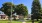 a flagpole in a park with trees and a building in the background